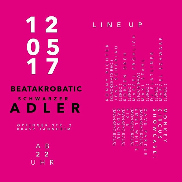 Party Flyer: Beatakrobatic Elektronic Music am 12.05.2017 in Tannheim